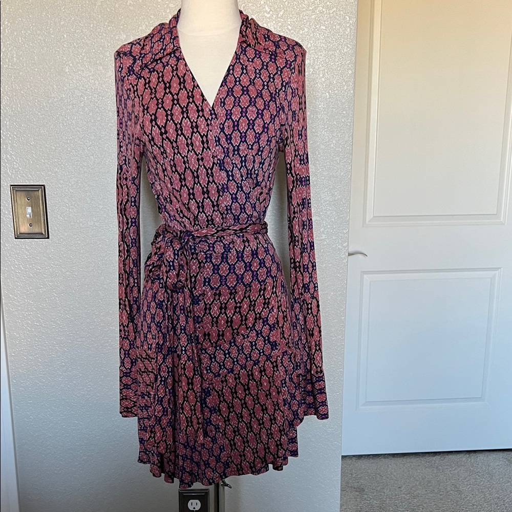 Free People Pink & Navy Wrap-Front Long Sleeve Dress